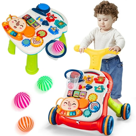 Wdmiya 3 in 1 Baby Walker and Activity Center for Girl, Baby Push Walkers, Sit to Stand Learning Walker, Early Educational Gifts with Music Panel for Infant Toddler 12+ Months, Red