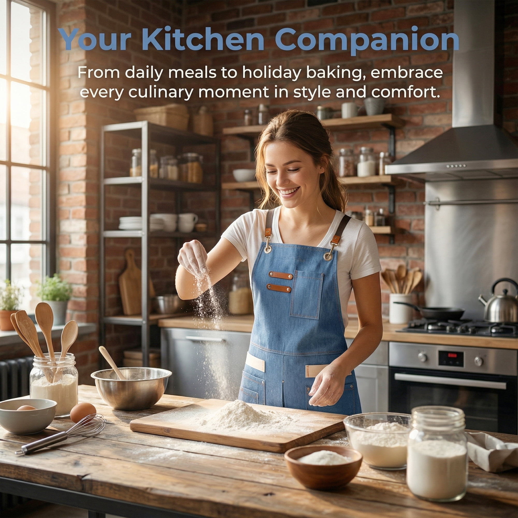 Unique Bargains Adjustable Long Waist Cooking Apron with Pockets for Kitchen Light Blue