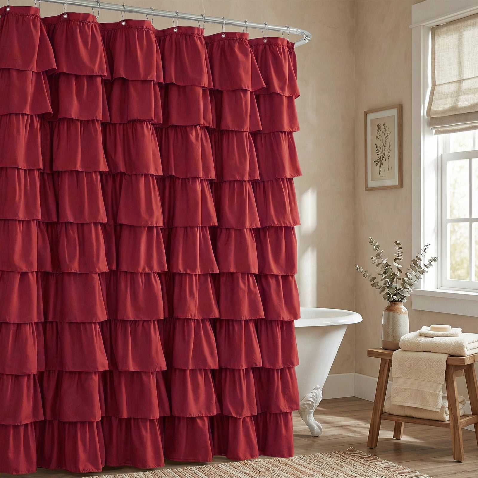 Seasonwood Ruffle Shower Curtain,Burgundy Fabric Bathroom Curtain for Farmhouse Style,72" x 72"