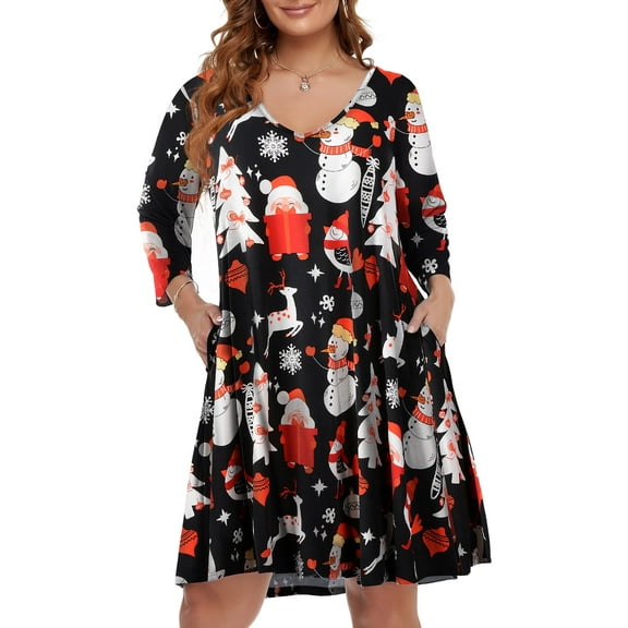 VEPKUL V Neck Plus Size Dresses 3/4 Sleeve Casual Loose Swing Fall Dress with Pockets Flower47_1X