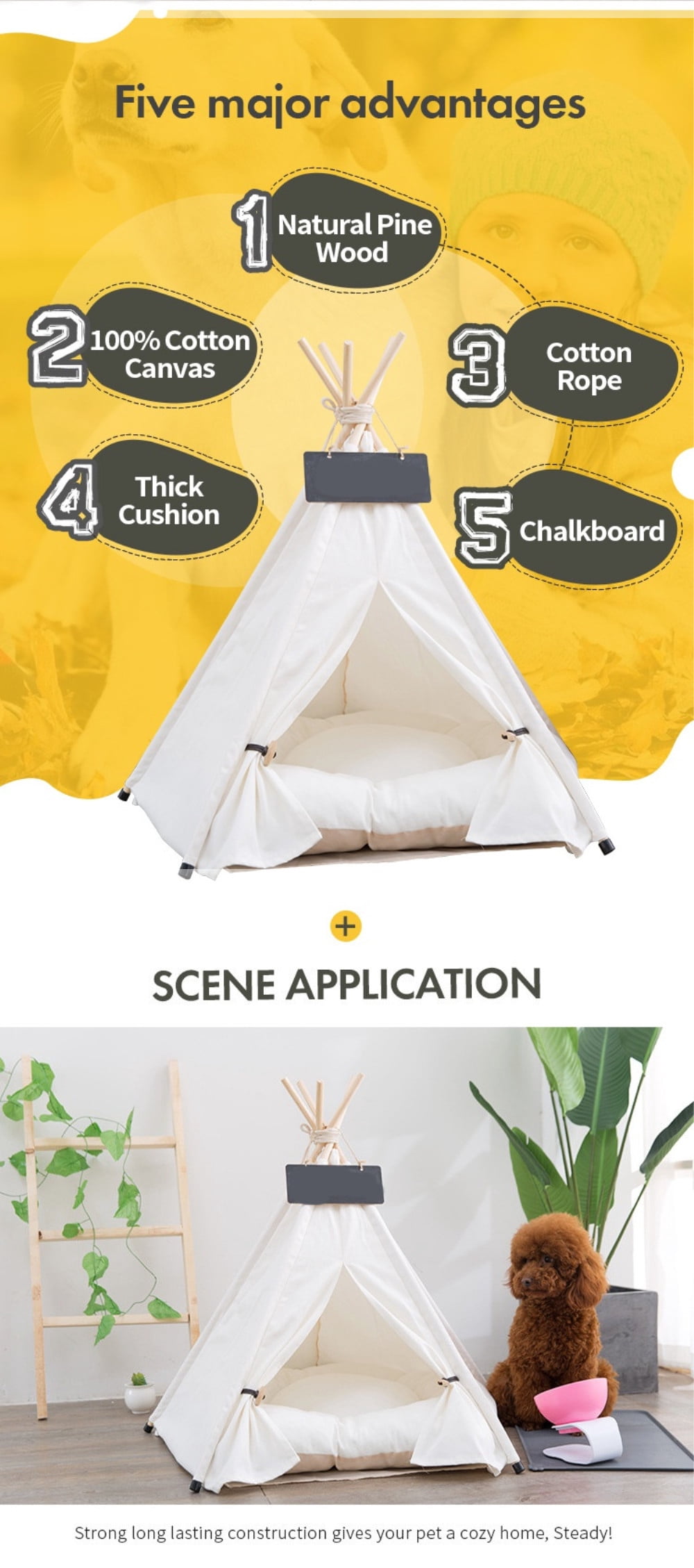 Pet Teepee Dog & Puppy Cat Tents Tipi Bed Portable Houses with Thick Cushion for Pets Up to 15lbs