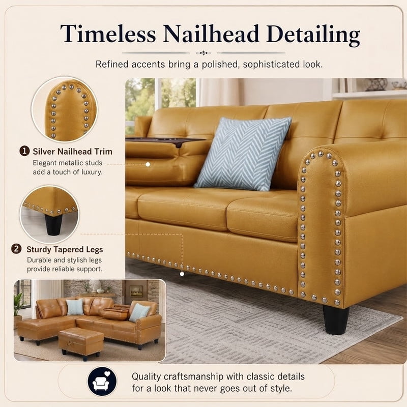 L-Shaped Sectional Sofa with Storage Ottoman, 4-Seat Modern Couch with Left-Facing Chaise and Built-In Cup Holders, Faux Leather Modular Sofa for Living Room, Apartment, Office