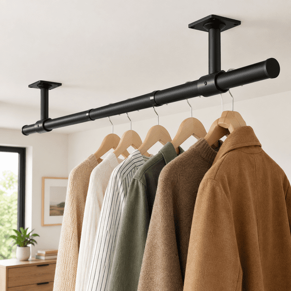 Adjustable Ceiling/Wall Mounted Closet Rod, 17-84 Inch, Black, Holds Up to 70 Lbs