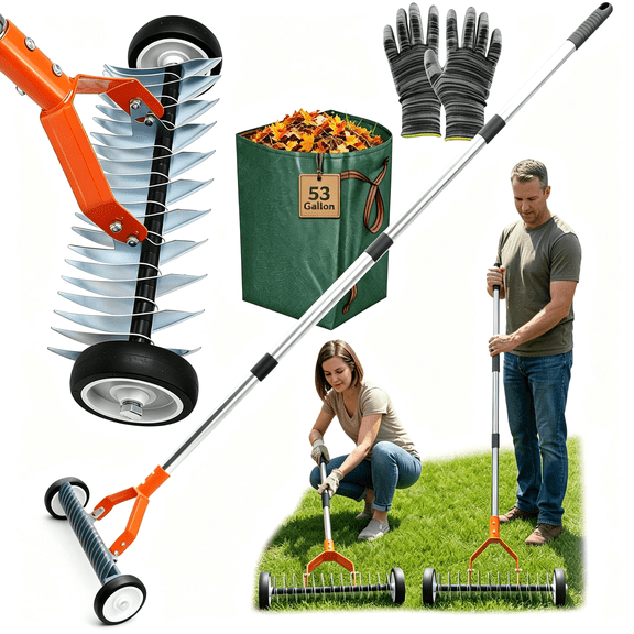 KASIU Wheeled Dethatching Rake for Lawn-15" Heavy Duty Stainless Steel|Thatch Rake with Adjustable Long Handle 35" -67" ,Manual Thatcher for Dead Grass and Soil Loosening (Orange)