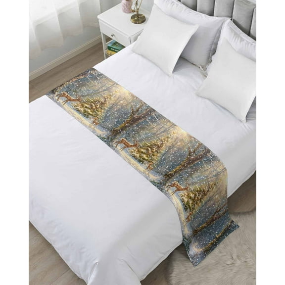 Christmas Elk Bed Runner for Full/ Queen Size Bed, Xmas Tree Snowflake Winter Bedspread Protector Slipcover Bed Scarf for Foot Bed Runners & Scarves for Bedroom Hotel Wedding Room 83x20 Inches