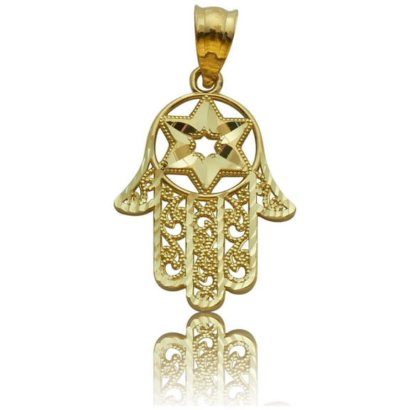 LoveBling 10k Yellow Gold Six-Pointed Star Hamsa Hand Pendant (1.07" x 0.60")