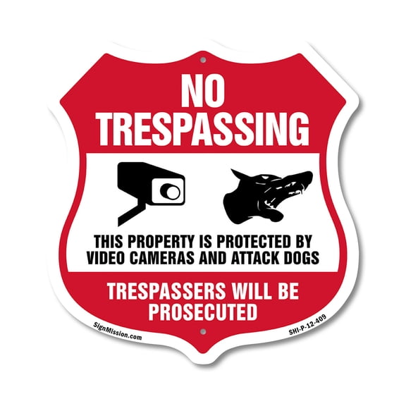 No Trespassing This Property Is Protected By Video Cameras And Attack Dogs Trespassers Will Be Prosecuted 12 inch X 12 inch Shield Shaped Commercial Grade Plastic Sign Made in the USA