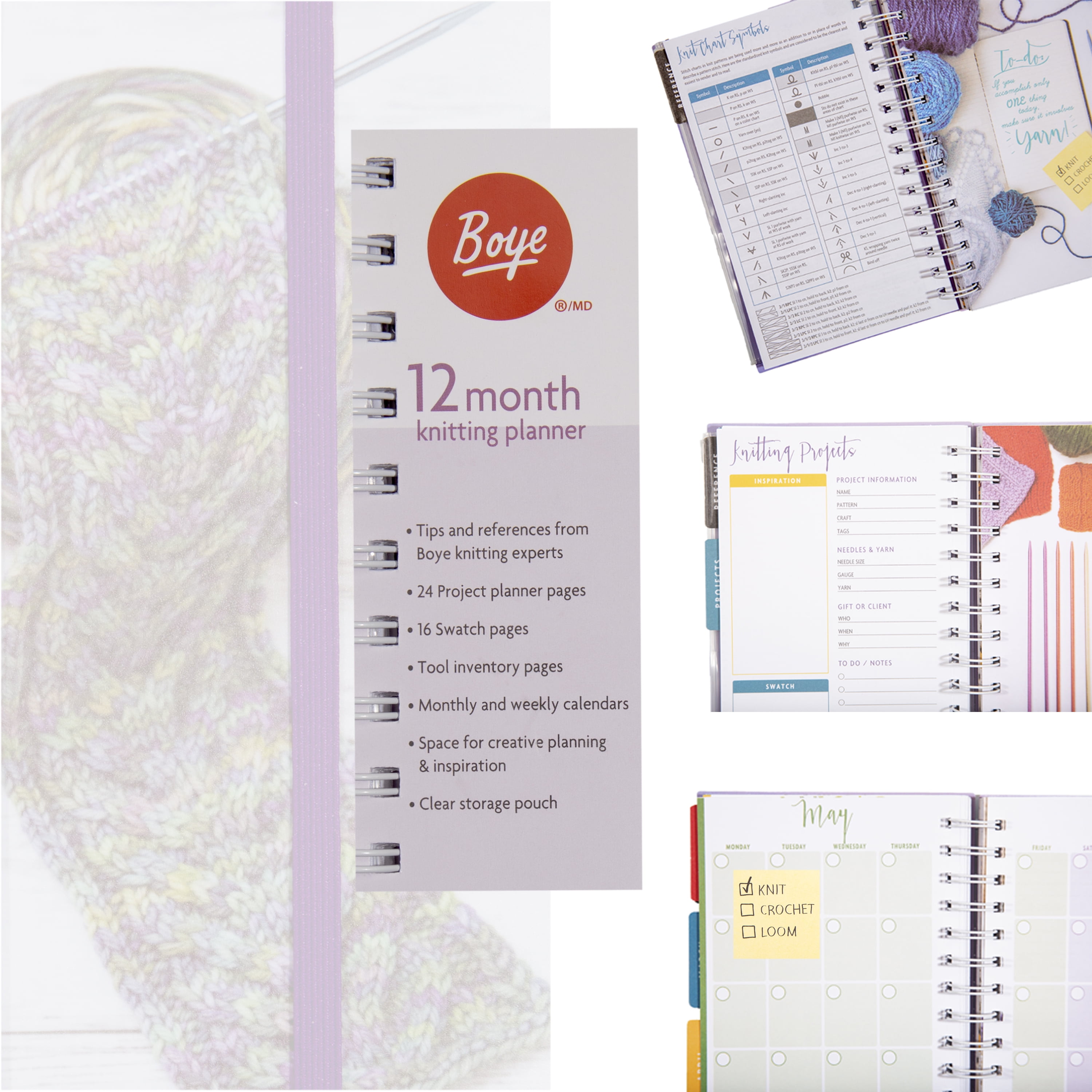 Eselect Knitting Bundle for Beginners - Boye Teach Yourself to Knit Kit, Bernat Softee Chunky Shadow Ombre Yarn, Craft Bag, Boye 12-Month Planner, Knit Needles, Carabiners & More