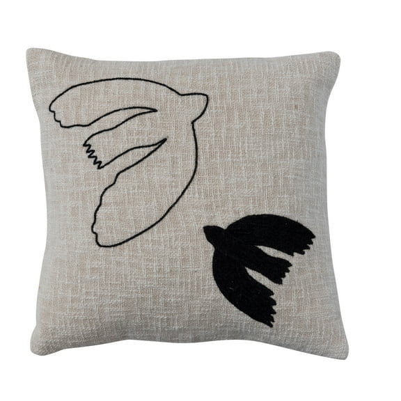 Creative Co-Op Cotton Slub Throw Pillow Cover with Embroidered Doves, Cream and Black