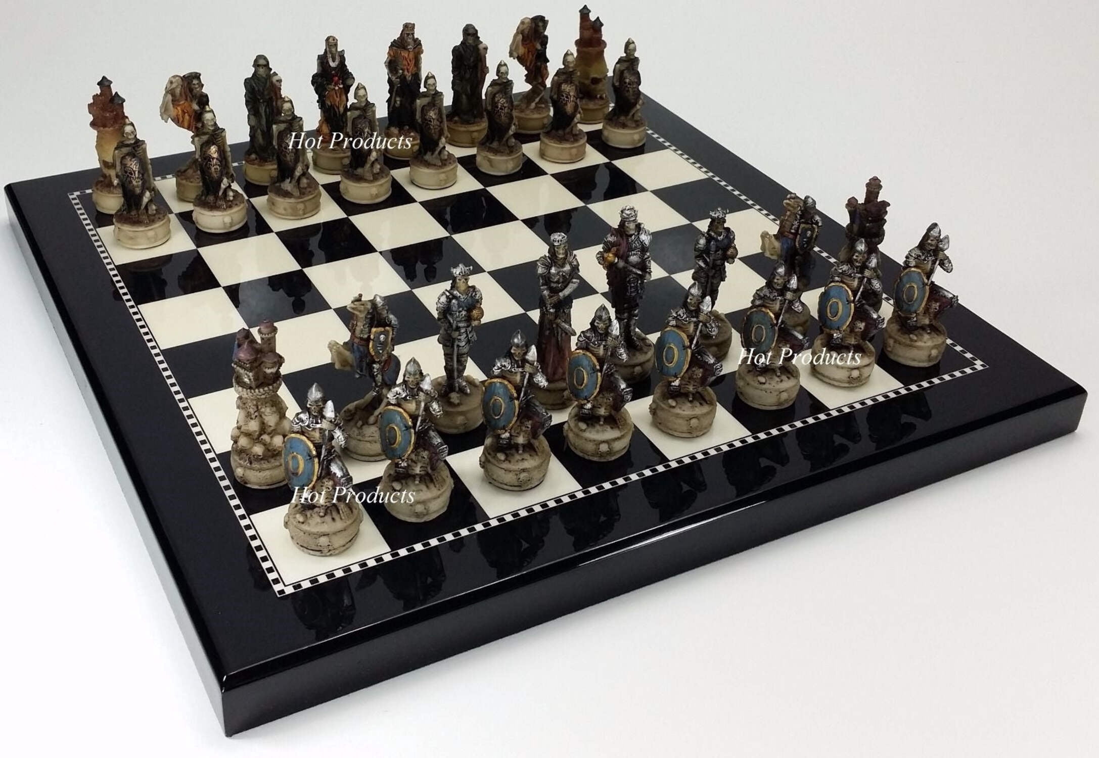 Medieval Times Skeleton Slayer Gothic Skull Chess Set W/ 15" BLACK  WHITE Board