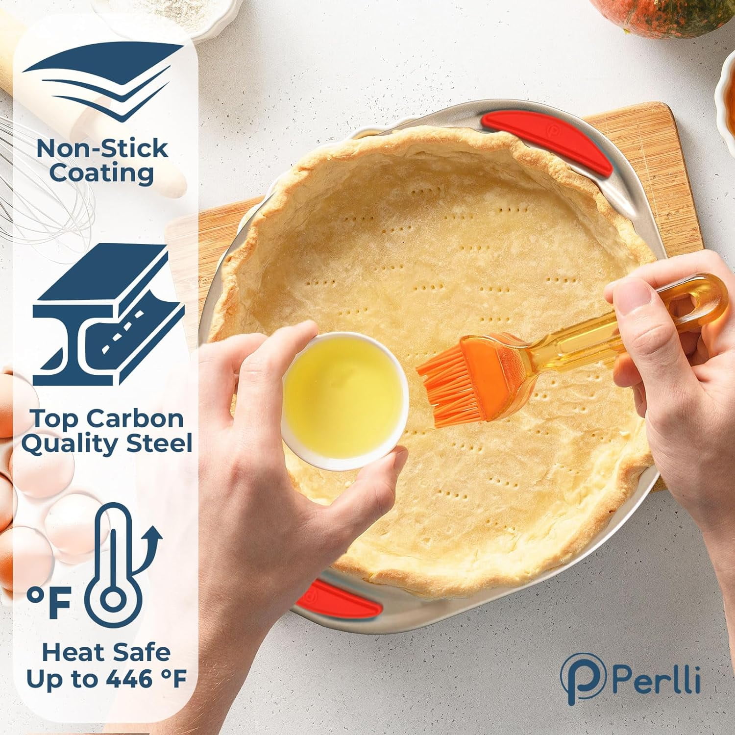 PERLLI 8-Pc Non Stick Baking Pans Set Gold Bakeware with Red Silicone Grips