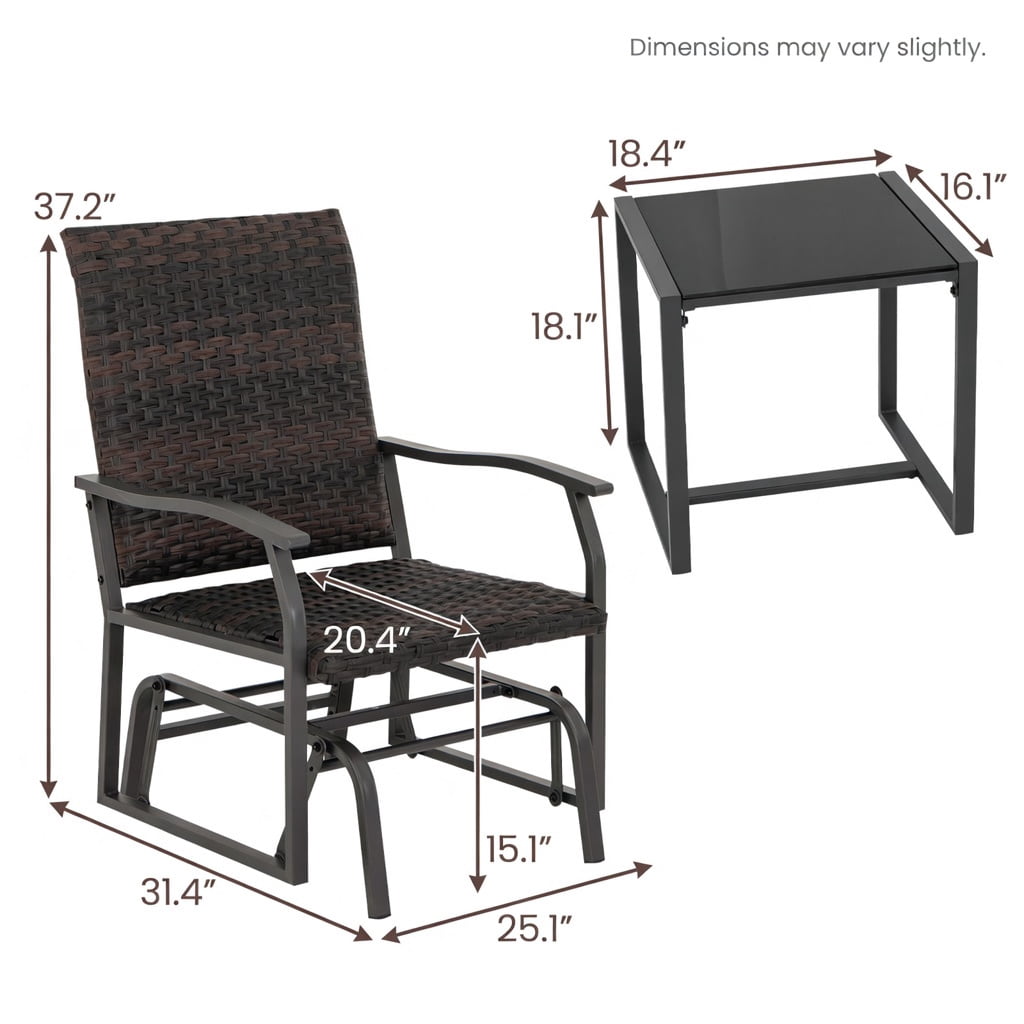 Hommoo 3-Piece All-Weather Patio Gliding Set with Tempered Glass Coffee Table, PE Rattan Outdoor Seating for Backyard, Poolside & Porch, Brown