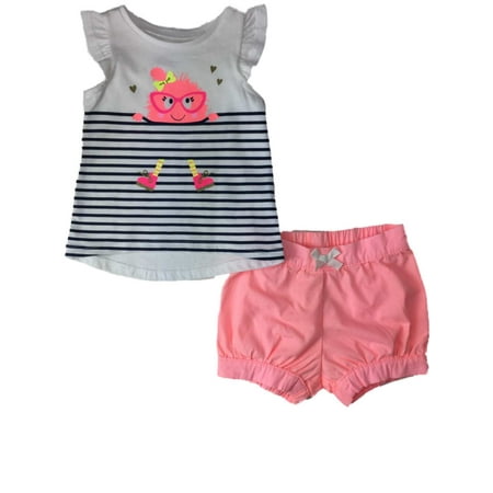 Infant Girls Neon Pink Nerdy Hipster Monster & Stripes Outfit 2 Piece Set