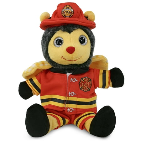 DolliBu Sitting Bee Firefighter Stuffed Animal - Super Soft Bee Fireman Toy with Red Fireman Costume Outfit and Fireman Hat Cute Insect Life Animal Fire Fighter Doll Plush Toy for Kids - 7 Inch