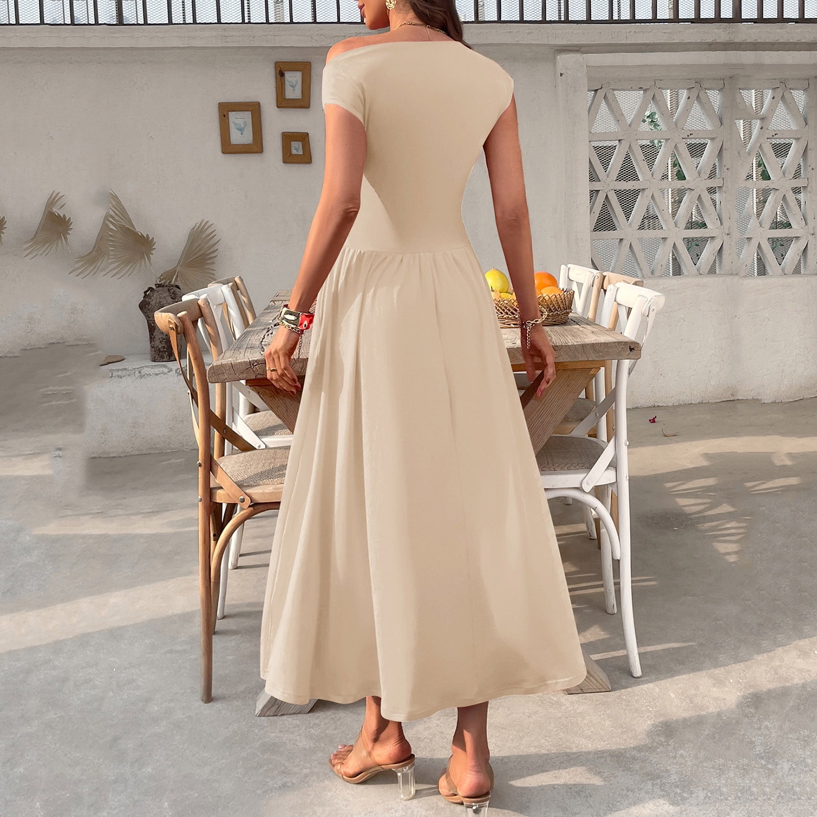 SMihono Trendy Women's Fashion Collared Summer Long Dresses Pleated Flowing Hem Loose Maxi Dress Elegant Beach Clothes Beige M