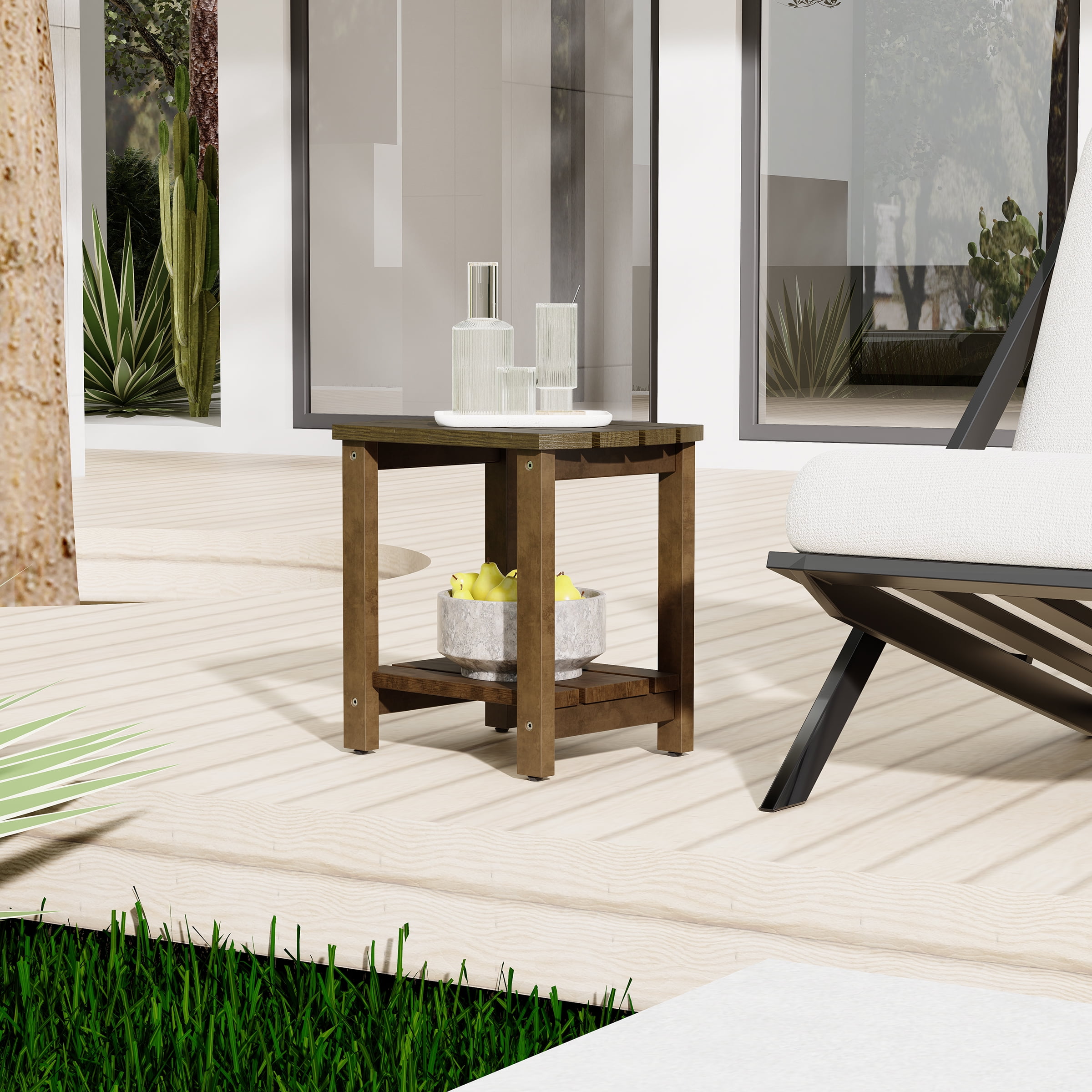 Indoor Outdoor Mid-Century Weather-Resistant Pine Wood Rectangle End Table, Dark Brown (2PCS)