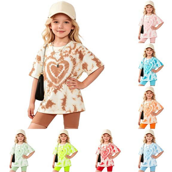 XAOFW Girls Summer Outfits Heart Printed Short Sleeve Crewneck Tee And Shorts For Kids Cute Back To School Sets Stylish Clothes Sets 9-10 Years
