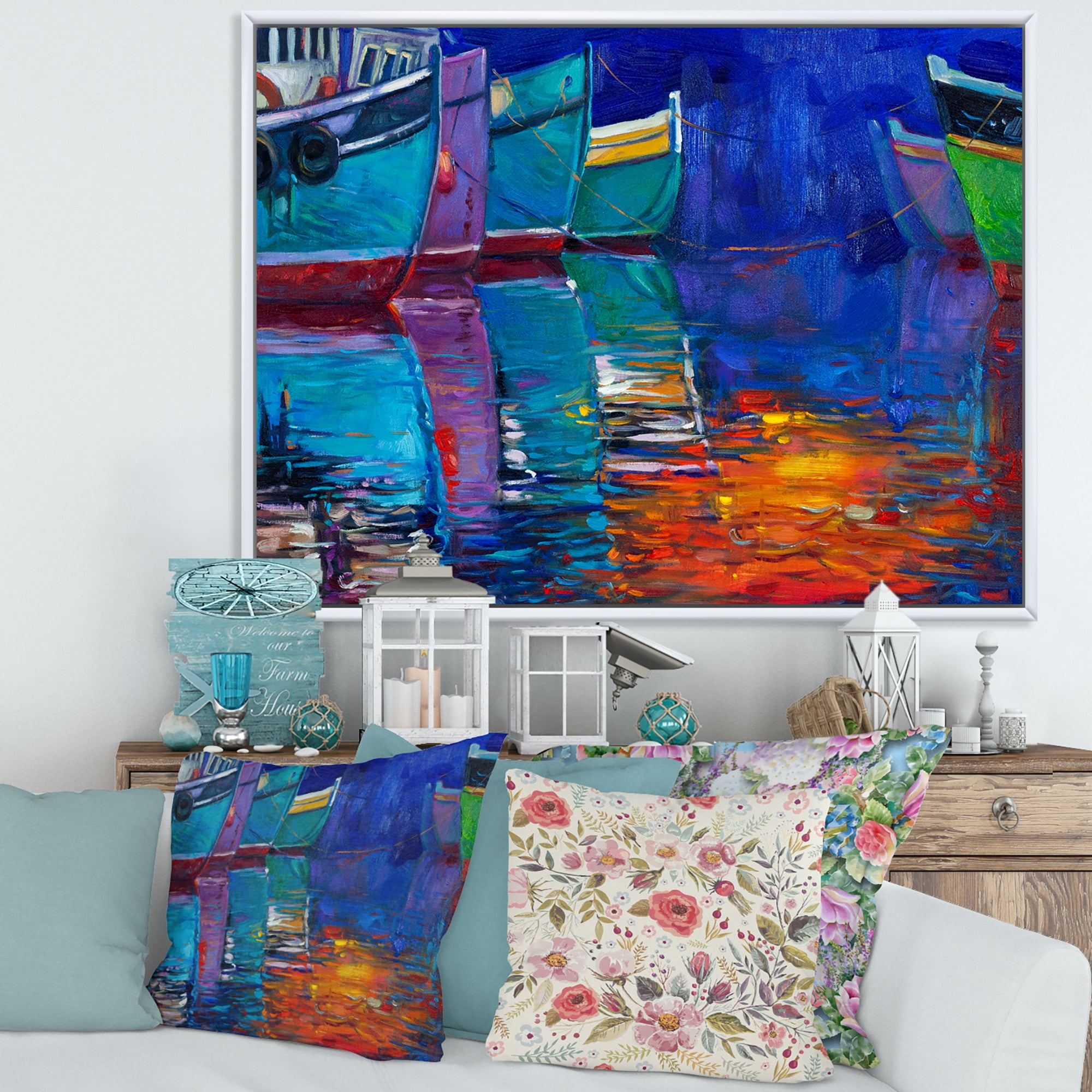 Boats During Warm Sunset Resting On The Water I 20 in x 12 in Framed Painting Canvas Art Print, by Designart