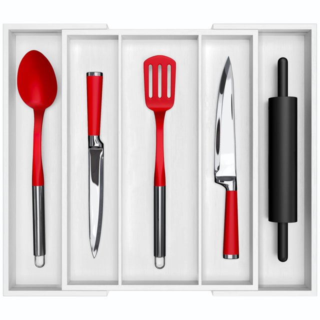 ROYAL CRAFT WOOD Organizador de cajones de cocina de bambú de lujo – Organizador de cubiertos – Soporte para utensilios y bandeja para cubiertos con divisores de cajones ranurados para cubiertos y ute