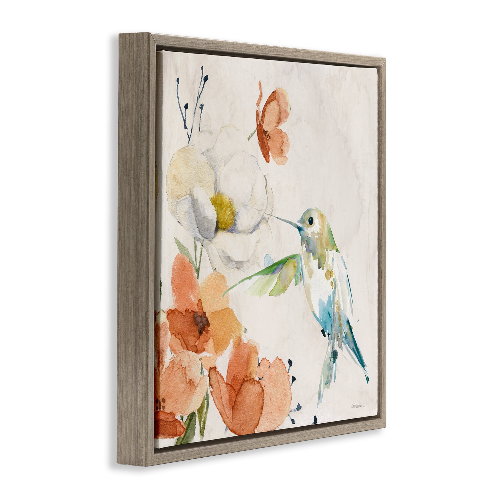 Stupell Industries Cottage Flowers & Bird Plants & Flowers Painting Brown Floater Framed Canvas Art Print Wall Art, 25 x 25