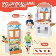 BRINJOY Kids Kitchen Playset, Double-Sided Wooden Play Kitchen for Toddlers w/Oven, Window, Play Food, Apron, Towel, 2 in 1 Realistic Pretend Play Cooking Toy Kitchen Set Gift for Girls Boys Age 3+