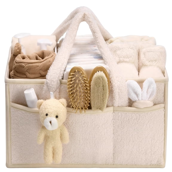 Soft Plush Baby Diaper Caddy Organizer | Large Capacity Multi-Pocket Travel Diaper Bag | Portable Nursery Storage Tote for Baby Essentials(white)