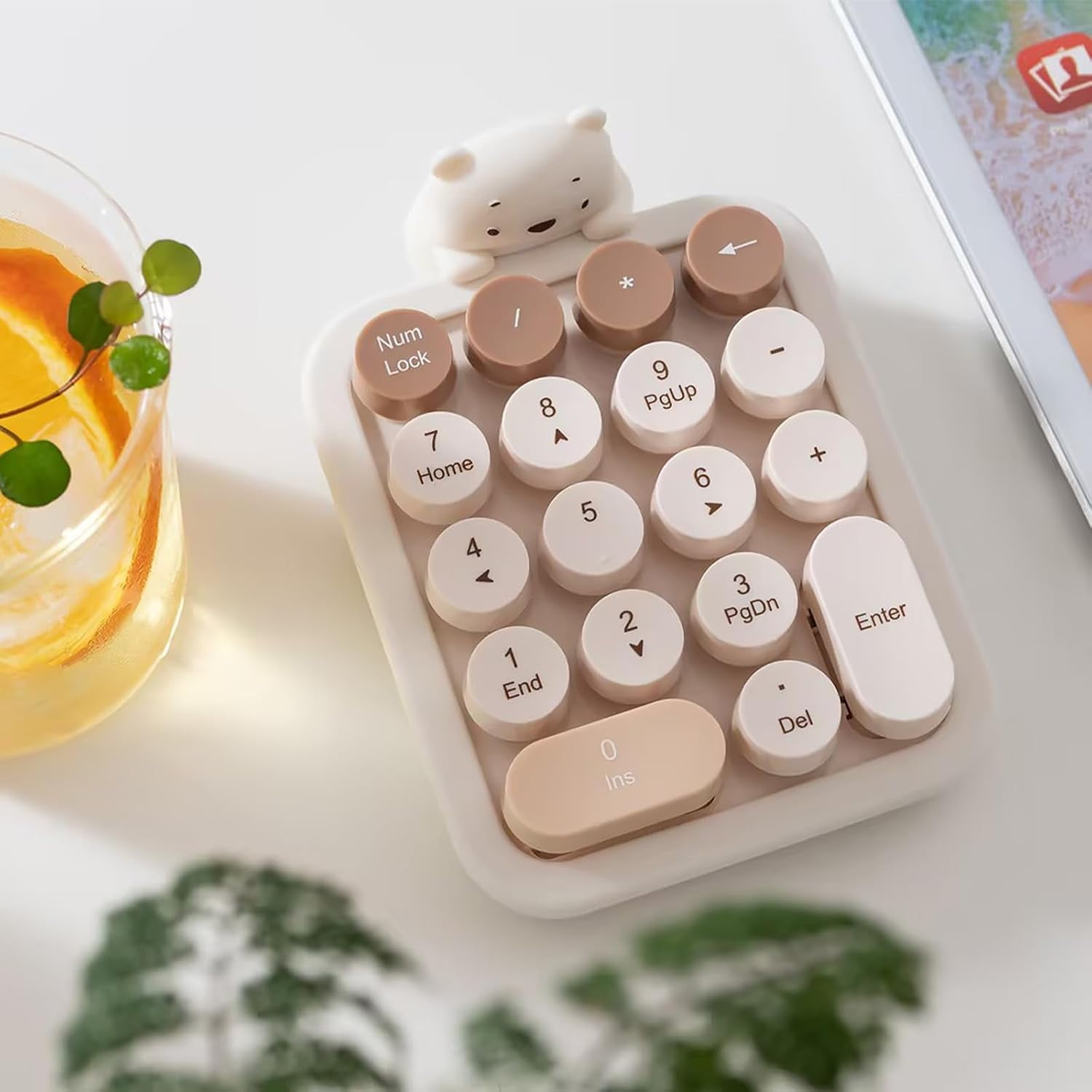 Cute Wireless Numeric Keypad with Silicone Bear, Colorful Round Keycaps, 2.4G USB Wireless Connection, Portable Financial Accounting Numpad Number Keyboard, Suitable for PC, Laptop (MilkTea)