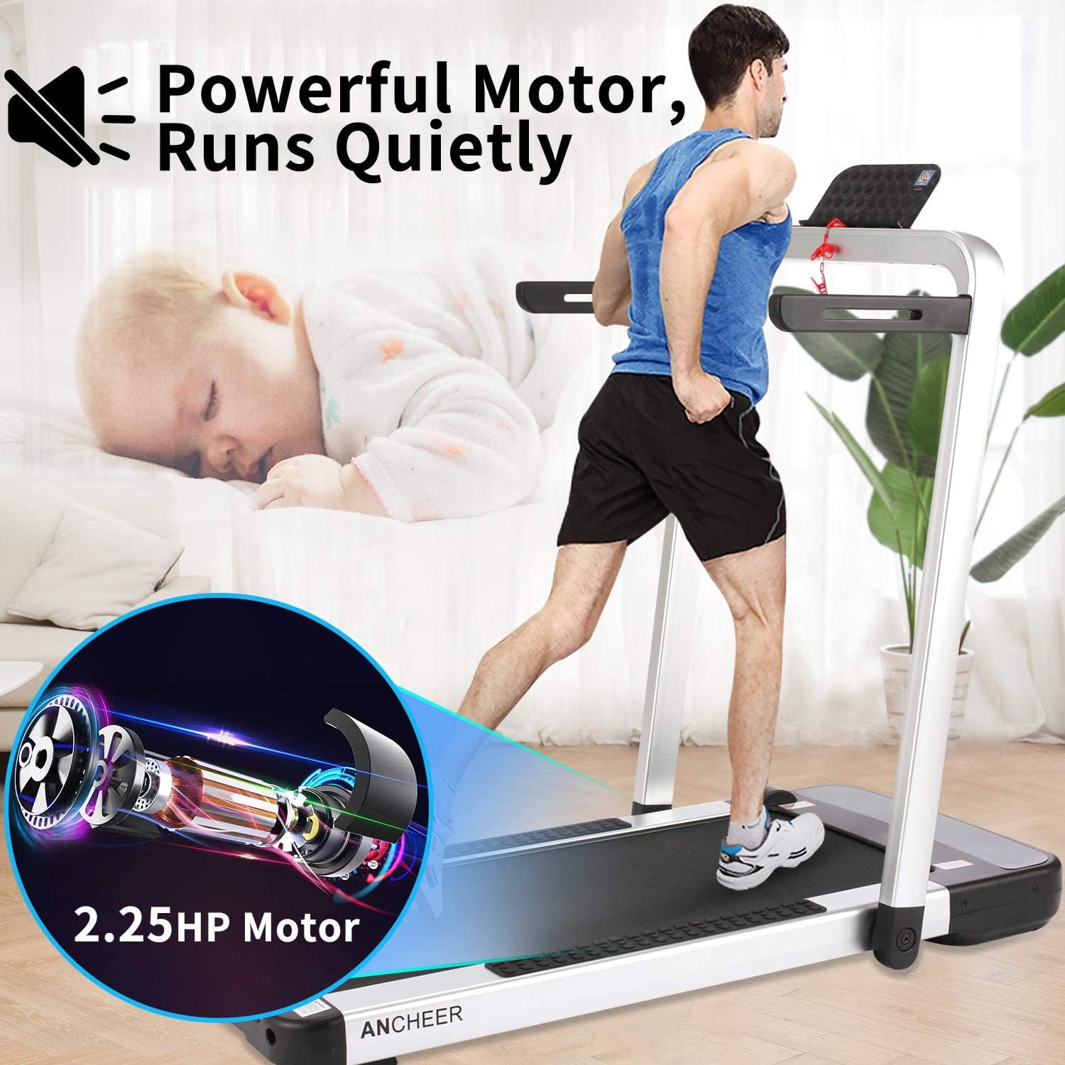 265lbs Capacity FUNMILY 2 in 1 Folding Treadmill Installation-Free Portable Under Desk Treadmill Electric Running Walking Machine for Home Office Workout 