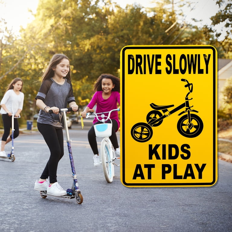 Drive Slow Kids at Play Metal Sign - Child Safety Caution