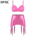 thumbnail image 2 of Conjunto de lencería de charol con aspecto mojado para mujer, con Clips de liga, sin aros, sujetador sin almohadilla, Top con minifalda, ropa Sexy para fiesta y discoteca, 2 of 5