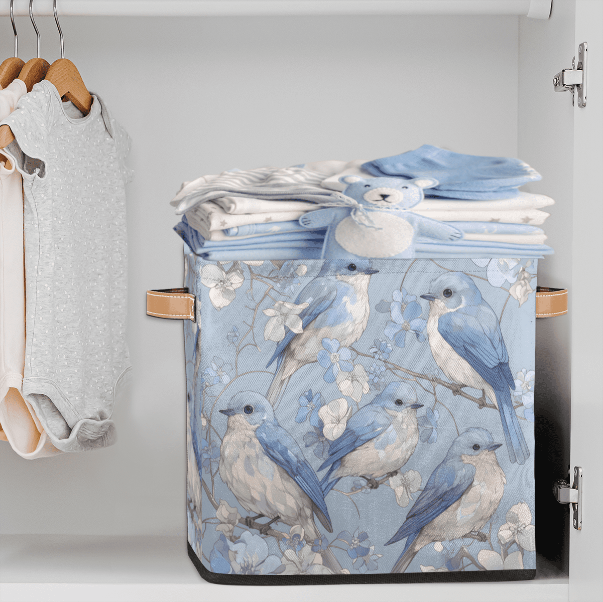 CURLYOOT Spring Summer Blue Birds Cube Storage Bin, 13 x 13 x 13 Storage Cube Bins for Organizing, Fabric Foldable Closet Baskets with Handles for Closet, Shelves, Clothes
