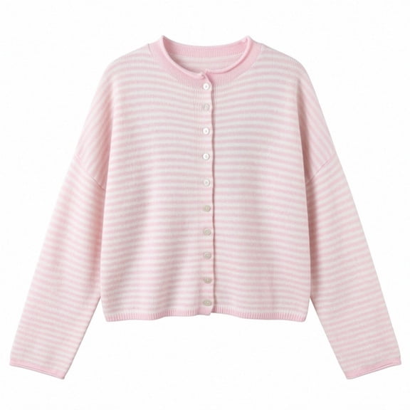 Edvintorg Cardigan Sweaters for Women Striped Crew Neck Long Sleeve Loose Casual Knit Sweater with Button Women Clothes Pink S
