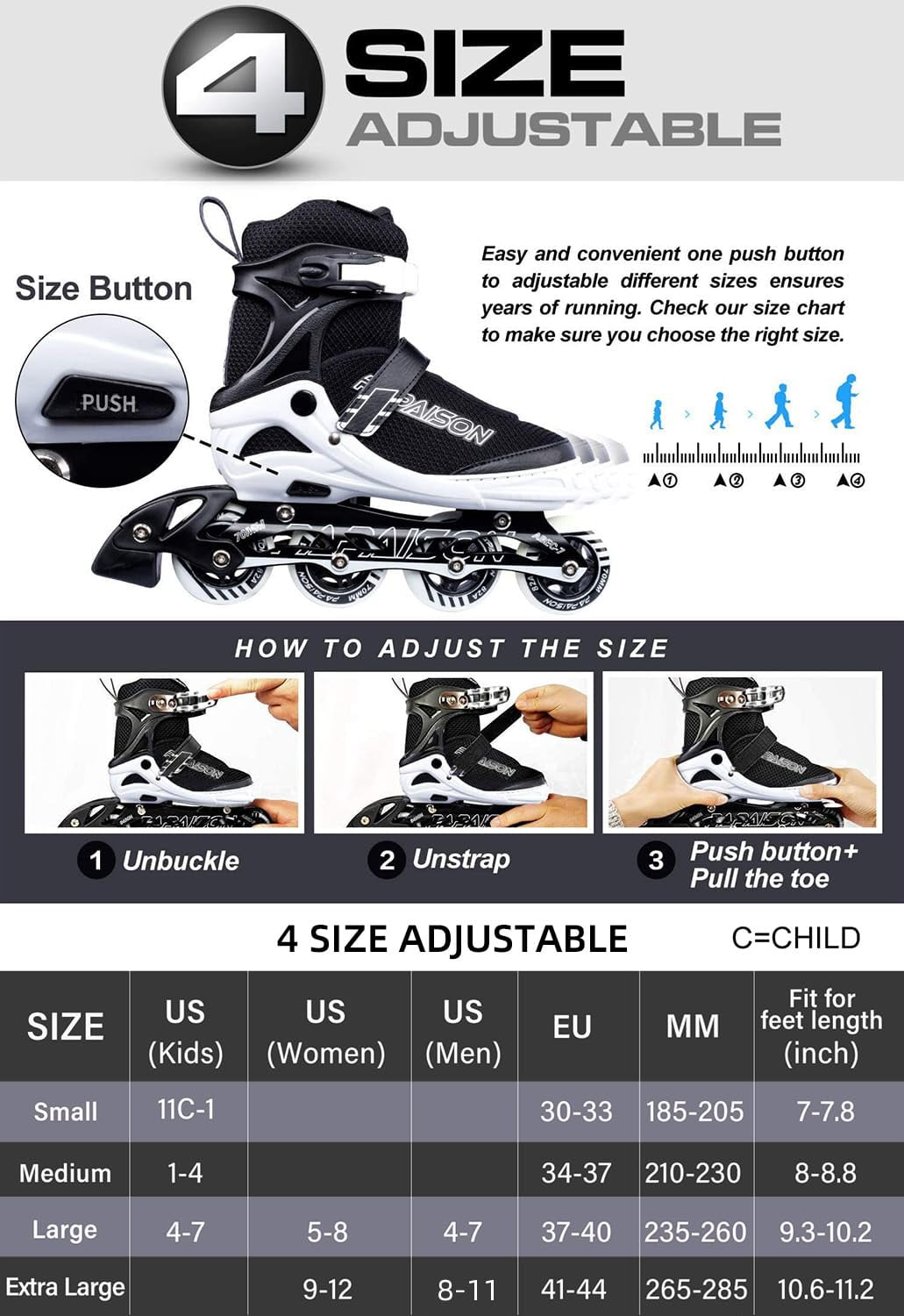 PIPIZHU Inline Skates Verstelbaar - 4 Maten In 1, Triple-Fix Systeem & ABEC-7 Lagers Voor Kinderen