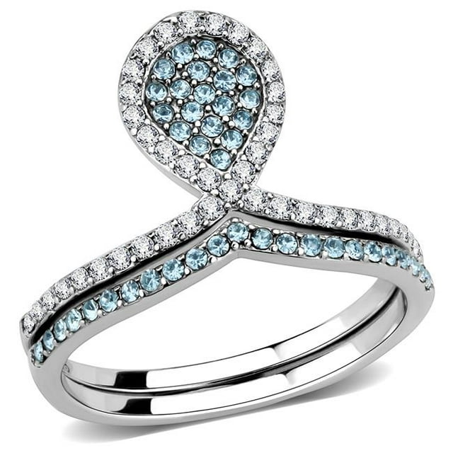 Alamode DA268-9 Bague en Acier Inoxydable Poli pour Femmes avec Grade AAA CZ en Bleu Mer - Taille 9