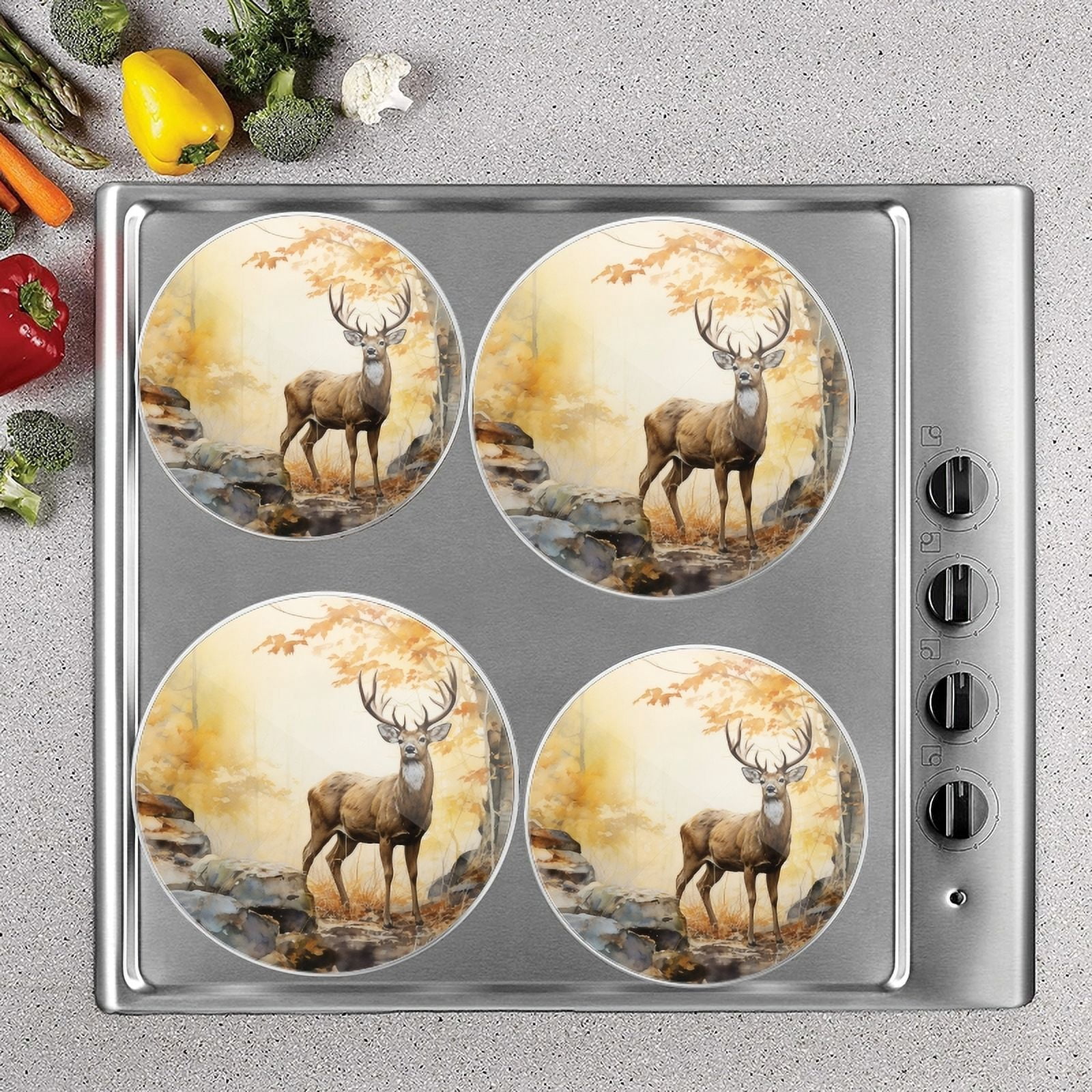Bahomeck Electric Stove Burner Covers Set Of 4,Elegant White-Tailed Deer Standing In The Forest Metal Gas Stove Burner Covers,Protecting Gas Stoves,8 Inch And 10 Inch