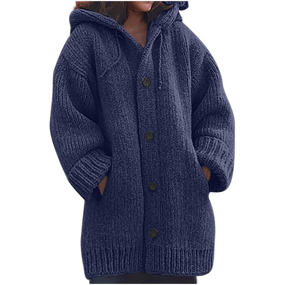 Womens Cable Knit Thick Button Hooded Cardigan Jackets Long Sleeve Chunky Fleece Winter Sweater Coats with Pockets Navy S