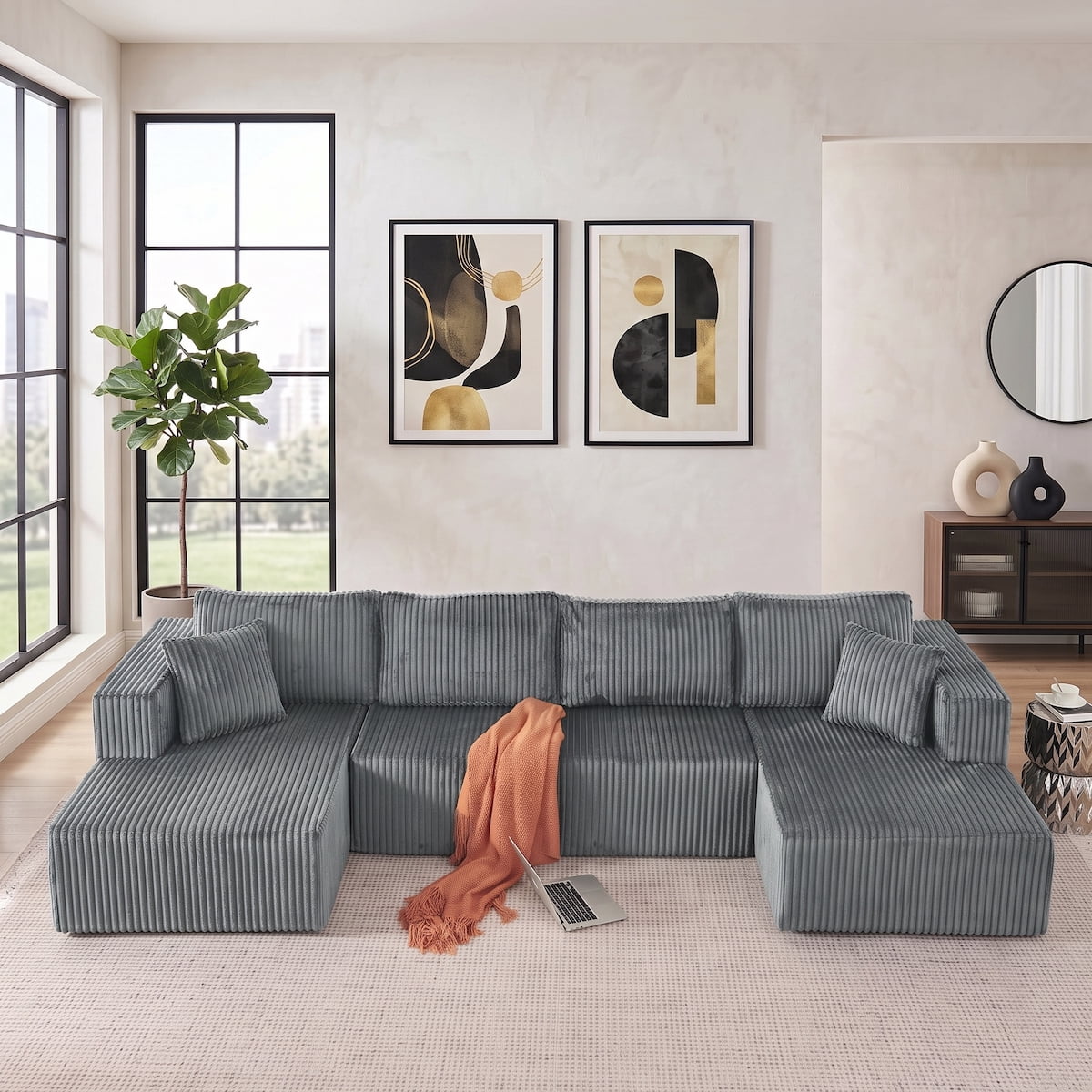 132" Cloud Couch Modular Sectional Sofa, U Shaped Sleeper Sofa Bed, Oversized Chaise, Reversible Corduroy Modular Couch for Living Room, Apartment, No Assembly (Dark Gray)