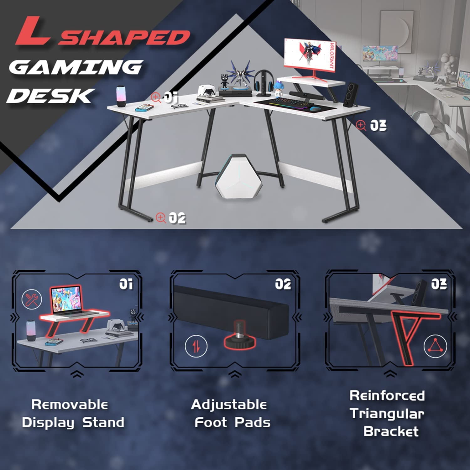 L Shaped Gaming Desk Computer Corner Desk PC Gaming Desk Table with Large Monitor Riser Stand for Home Office Sturdy Writing Workstation (Classical White, 51 Inch)