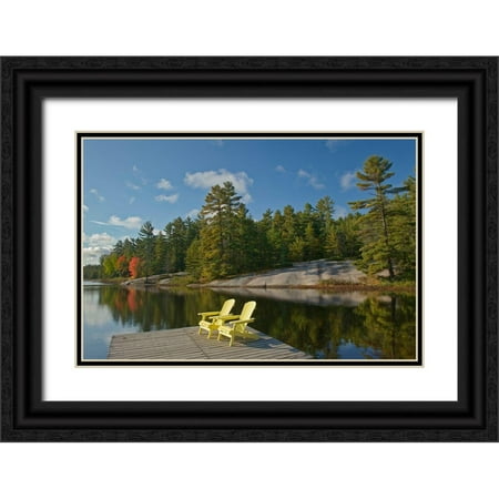 Jaynes Gallery 24x17 Black Ornate Wood Framed with Double Matting Museum Art Print Titled - Canada-Ontario-Grundy Lake Provincial Park Muskoka chairs on lake dock