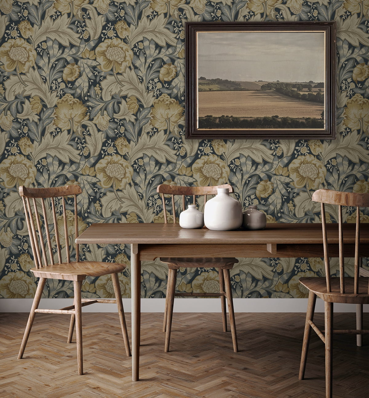 NextWall Midnight Blue & Neutral Acanthus Garden Floral Peel and Stick Wallpaper - 20.9 in. W x 18 ft. L Roll