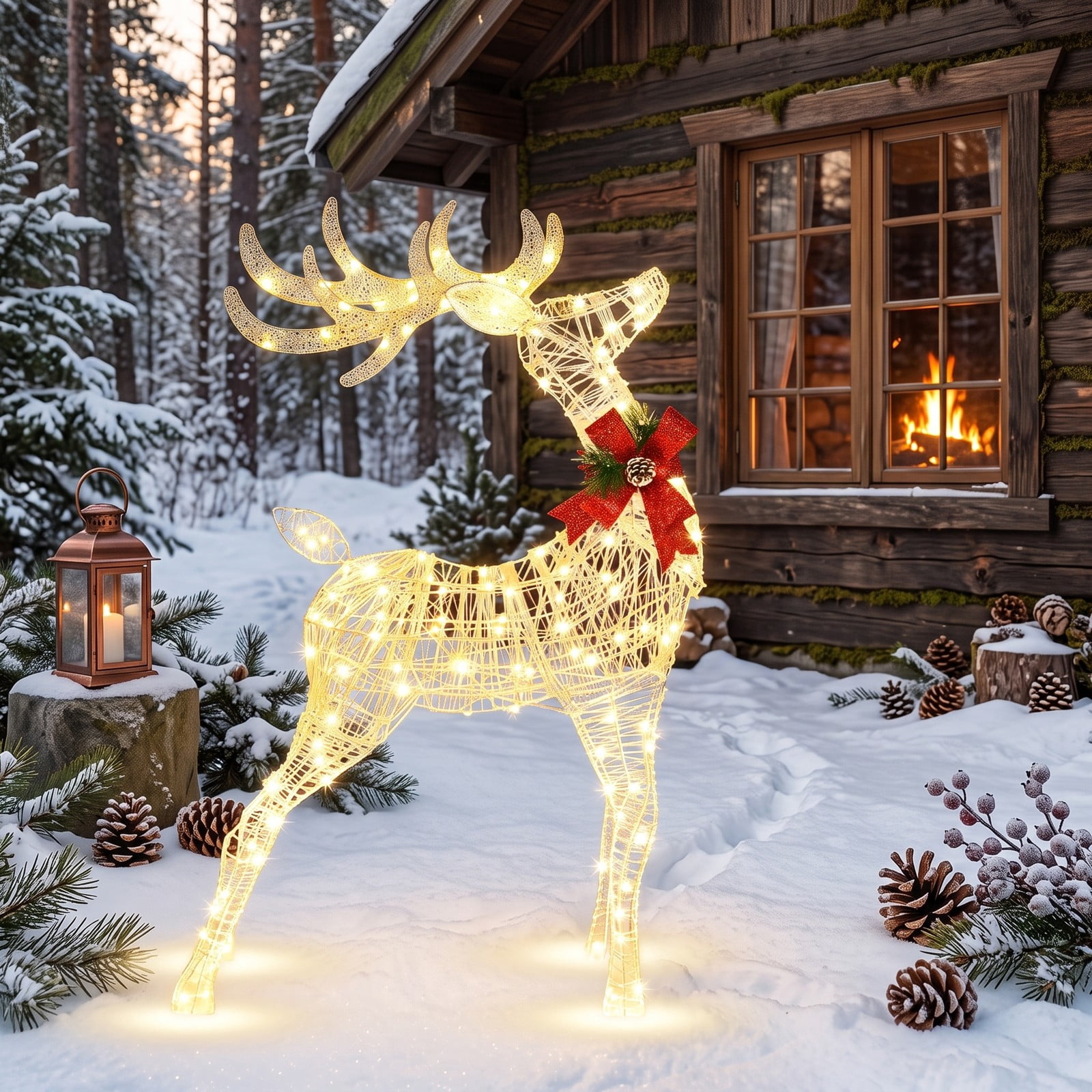 RUIE 53-inch Lighted Standing Reindeer Christmas Decoration, 120 Warm White LEDs, Outdoor Yard Deer with Ground Stakes, White