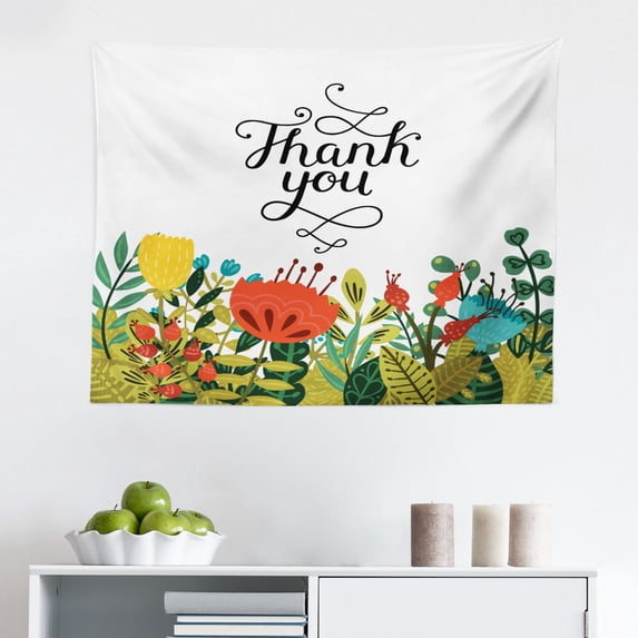Tribal Tapestry, Bird Hawk Colored Feathers with Hand Written Thank You Note in The Middle Print, Fabric Wall Hanging Decor for Bedroom Living Room Dorm, 2 Sizes, Multicolor, by Ambesonne