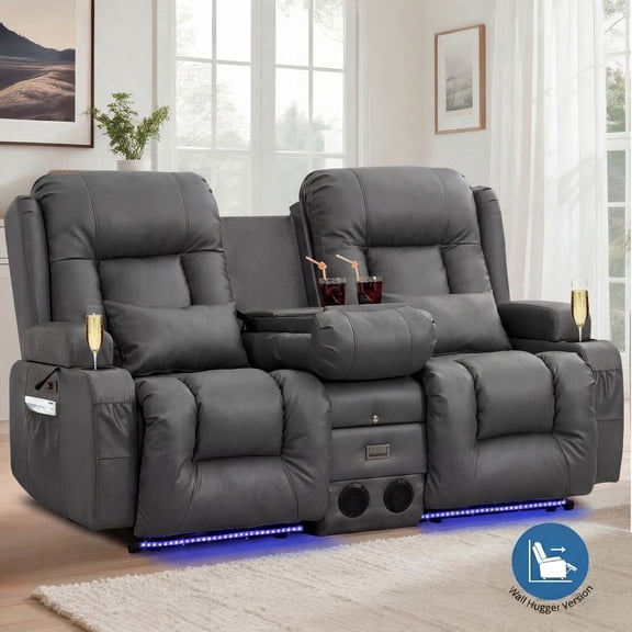 IPKIG Wall Hugger Power Reclining Loveseat with Massage & Heat, Home Theater Sofa, Bluetooth Speakers, LED Lighting & Storage Console, Leathereat Dark Gray