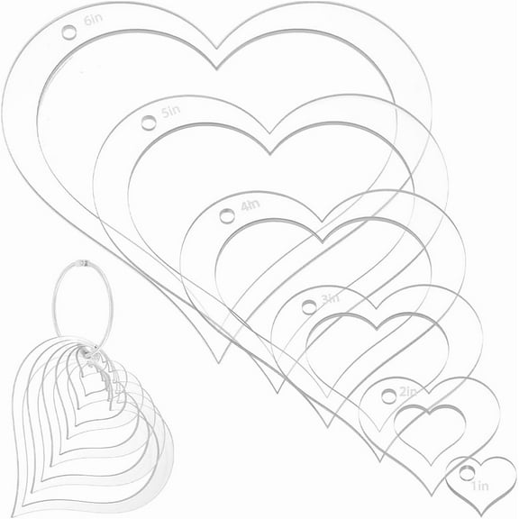 6Pcs Acrylic Quilting Templates Set with Hinged Rings Cutting Ruler Template Transparent Heart Sewing Guides 0.98x0.78inch to 5.91x5.31inch for Fabric Marking and Craft Design