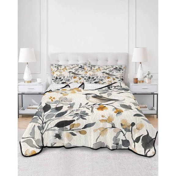 Quilts Queen Size, Vintage Botanical Soft Comforter Bedding Set for Bed, Yellow Grey Spring Floral Birds Lightweight Quilted Bedspread with Pillow Cover(2 Pieces) for All Season, 90x96 Inch