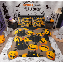 Feelyou Kawaii Black Cat Bedding Comforter Set 7-Piece for Teen, Funny Cartoon Pumpkin King Bedding Sets, Happy Halloween Reversible Bed Sheets, Lightweight Room Decor