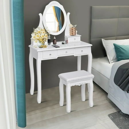 Gymax Bedroom Wooden Mirrored Makeup Vanity Set Stool Table