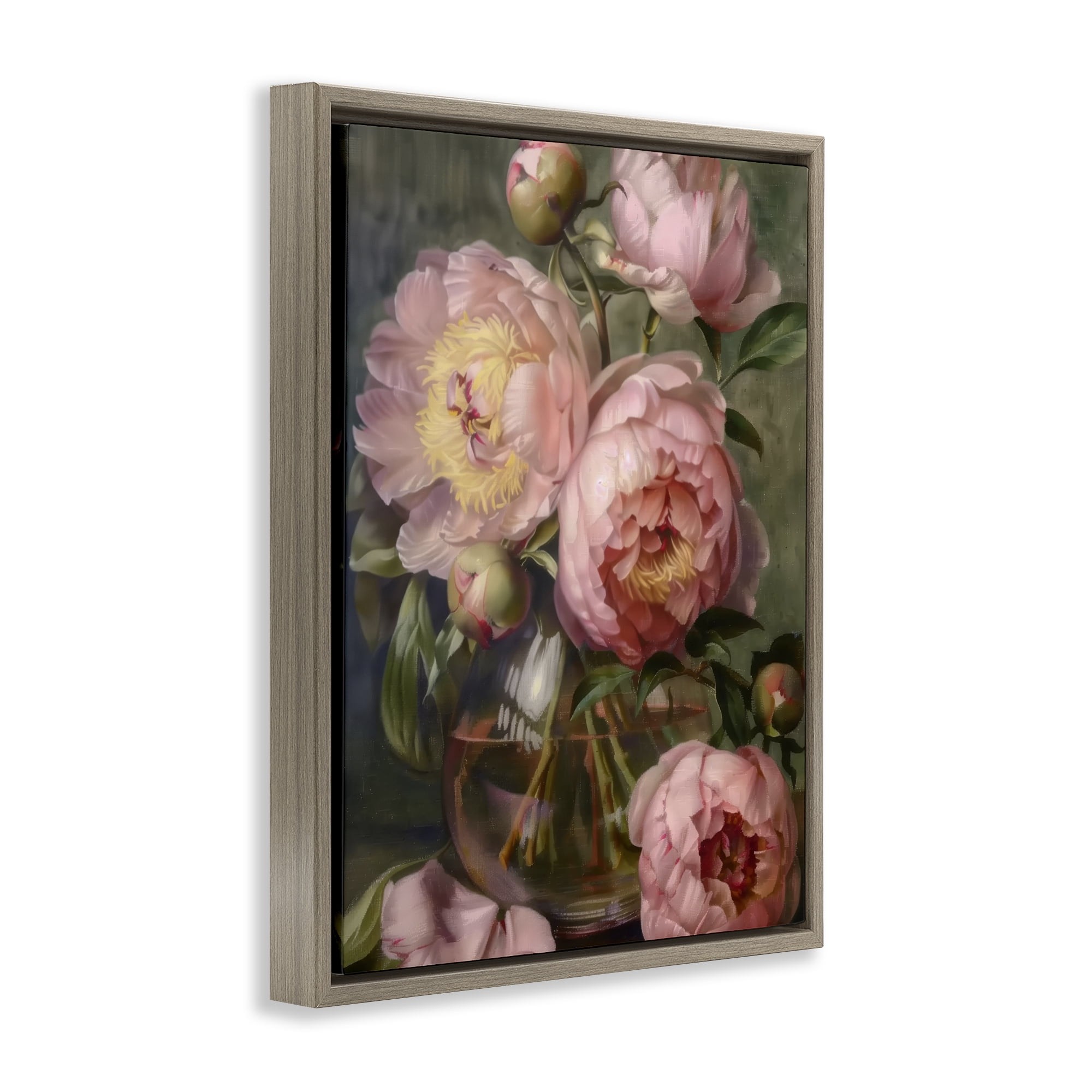 Stupell Industries Pink Peonies in Glass Vase Brown Framed Floater Canvas Wall Art, design by LSR Design Studio