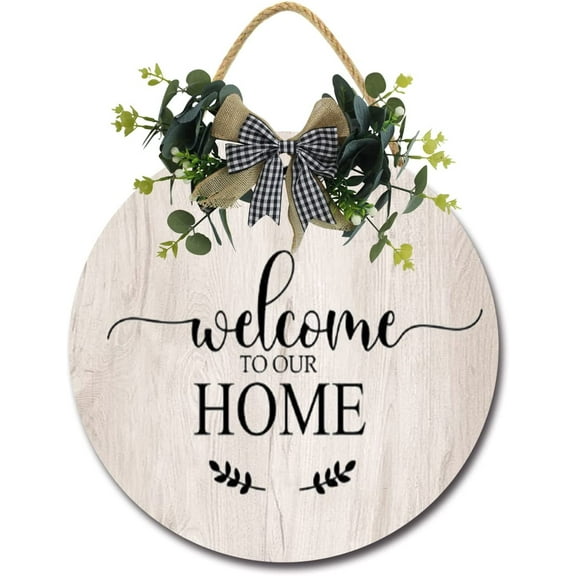 Eveokoki 12" Welcome Sign for Front Door for Farmhouse Porch Decorations, Rustic Welcome Wreaths Sign with Stapled Greenery, Round Wooden Hanging Sign Housewarming Gift for Home