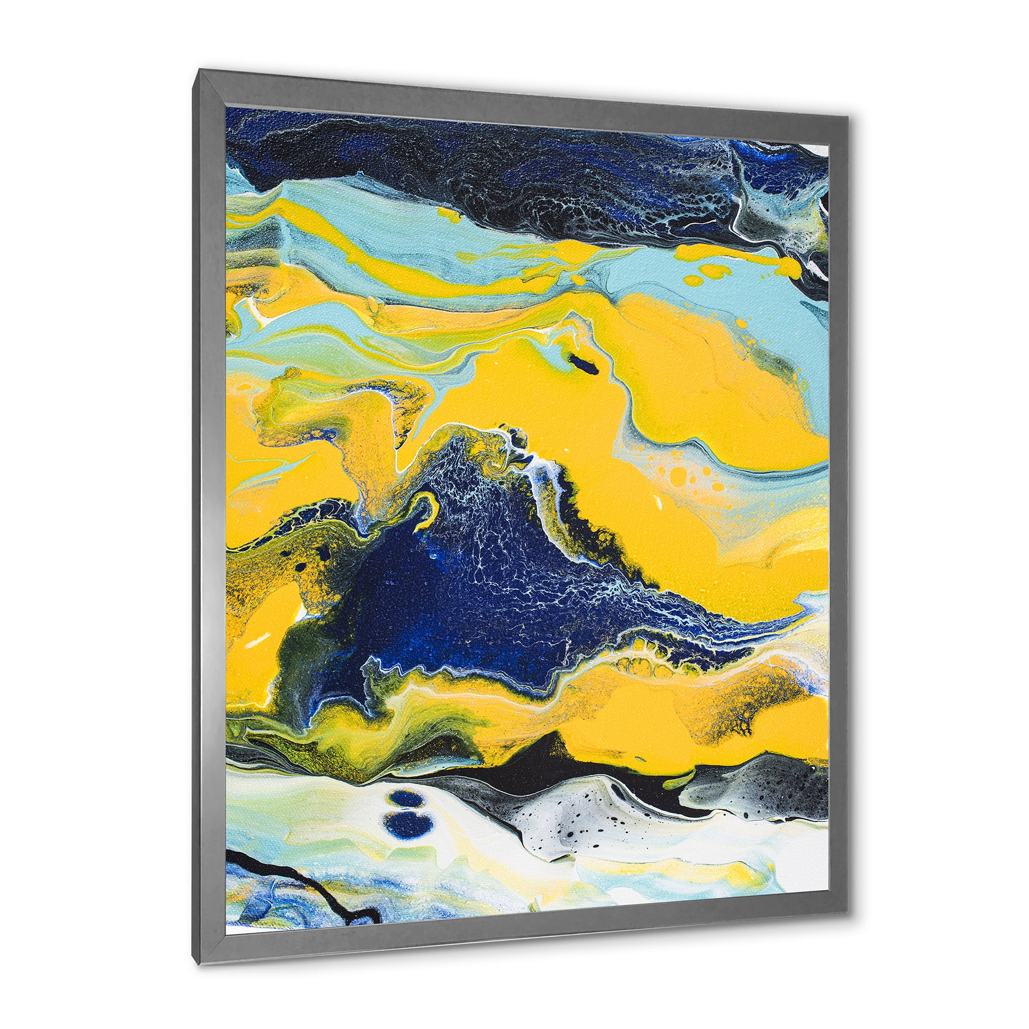 Designart 'Abstract Marble Composition In Blue and Yellow I' Modern Framed Art Print